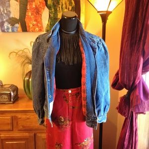 Vintage Denim Bomber Jacket Women Blue Plaid Lined Puff Sleeve 80s 90s 3170
